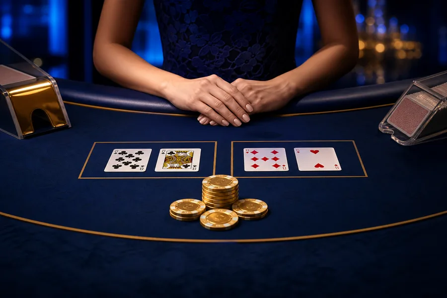 Live Baccarat cards on a navy casino table