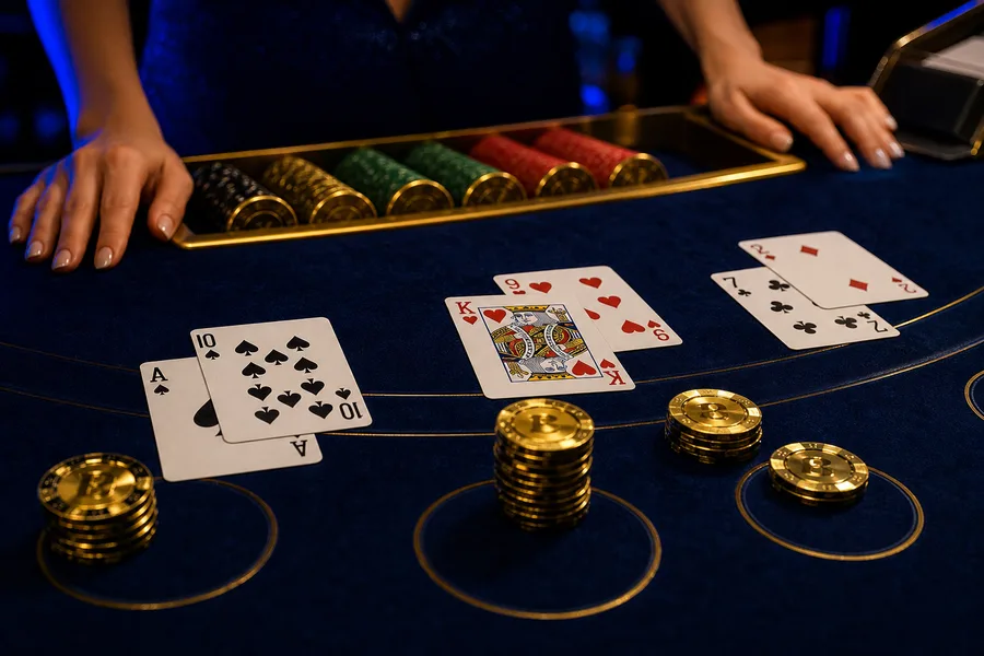 Live Blackjack cards and chips on a navy table
