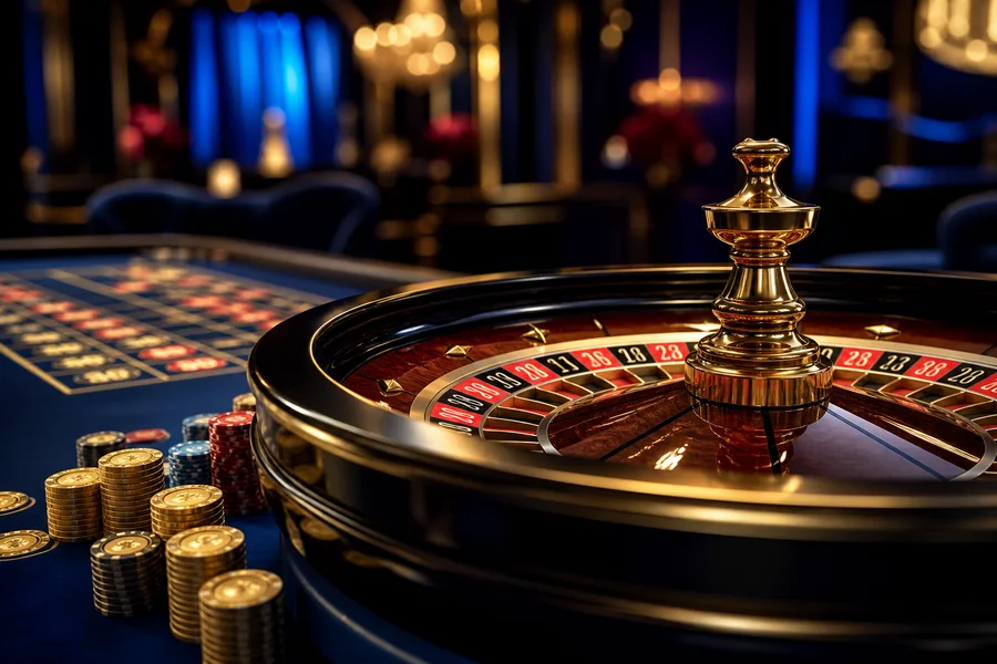Gold roulette wheel on a navy casino table